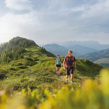 Wanderer in der Brixentaler Sommerlandschaft mit Bergen im Hintergrund